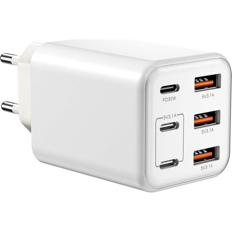 Chargeur USB C 60W, 6-Ports Chargeur Multiple avec 3 USBC et 3 USBA Bloc, Prise USBC Secteur Rapide, Adaptateur Fast Charge PD3.0, alimentation USB 60W Compatible avec 17/16/15/Tablet (1/5)