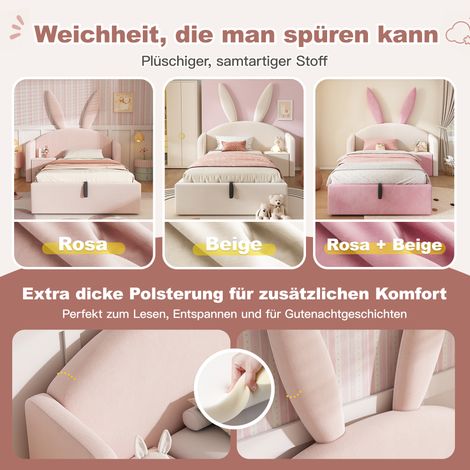Lit enfant 90x200 cm rose velours avec tête de lit oreilles de lapin, sommier coffre intégré et table de chevet, literie sans matelas (1/5)