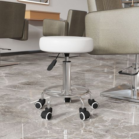 Tabouret de salon réglable en hauteur, similicuir, jusqu'à 110 kg, Ø 42 x 50-64 cm (H), blanc (1/5)
