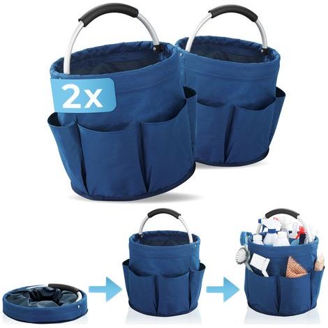 Set aus 2 WENKO Mehrzweck-Aufbewahrungskörben, Werkzeugkorb, Pflegetasche, 6 Fächer, faltbar mit gepolstertem Tragegriff, 2er-Set, Polyester, blaue Farbe.Durchmesser 28 x Höhe 54 cm (1/4)