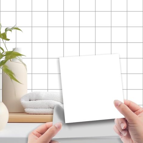 Tile Stickers 15 x 15 cm, Pack of 48 Self-Adhesive Tiles, Waterproof and Dirt-Repellent, Adhesive Tiles for Kitchen and Bathroom, Tile Film for Renovation, Easy to Clean, White (1/5)