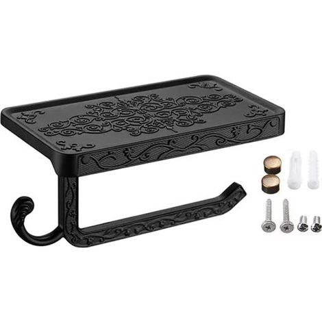 Dérouleur papier toilette noir avec étagère pour smartphone Support hygiénique rétro en métal pour salle de bain, étagère de rangement, aluminium, style vintage, noir (1/4)