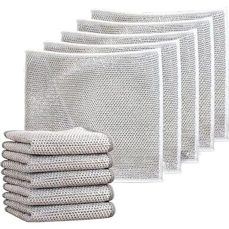 Chiffons à vaisselle en fil métallique polyvalents pour humides et secs, torchon multifonctionnel anti-rayures, chiffons à vaisselle en fil métallique double couche, torchons en microfibre (10 (1/5)