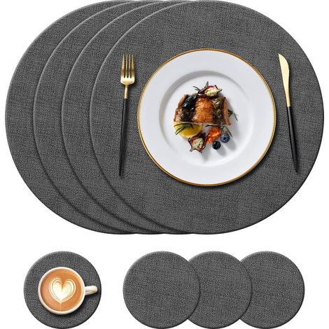 Lot de 4 sets de table ronds en cuir et 4 dessous de verre résistants à 100°C, antidérapants et lavables. (1/5)