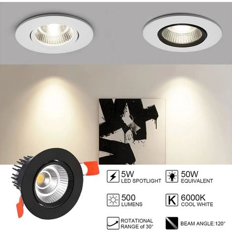 x LED-Einbaustrahler, 5 W COB-Deckeneinbauleuchten, Kaltweiß 6000 K, 500 lm, 220–240 V Wechselstrom, Ra ≥ 90, Ausschnitt 60–80 mm, Abstrahlwinkel 24°, Schutzart IP44, für Bad, Küche, Wohnzimmer, Flur 
