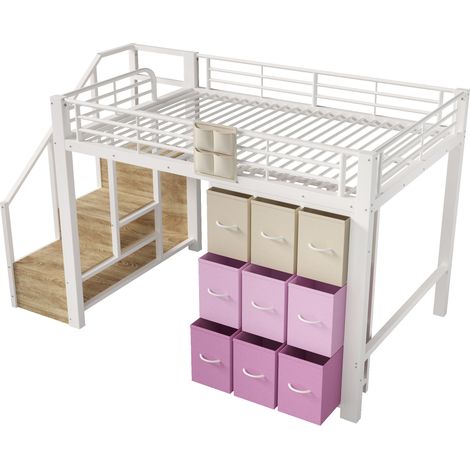Cama alta 140x200 cm de metal y MDF blanca con cajones, barra para ropa y escalera con almacenaje (1/5)