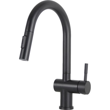 Robinet de cuisine noir haute pression avec douchette extensible 2 modes d'eau, robinet rotatif à 360°, mitigeur de cuisine, mitigeur monocommande (1/5)