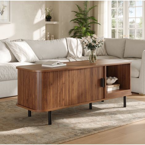 Tavolino da caffè con porta scorrevole, 110 x 40 x 55 cm, con vano contenitore, noce OKMYHOME (1/5)