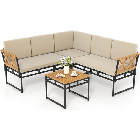 Ensemble de Meuble de Patio 4 Pcs, Canapé Extérieur Métallique avec Coussins et Assise en Corde Élastique, Table Basse en Acacia (1/5)