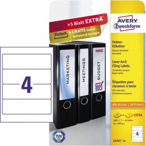 Ordnerrückenetikett ultragrip breit/kurz 61 x 192 mm (B x H) selbstklebend ohne Griffloch weiß 120 Etik./Pack. (1/5)