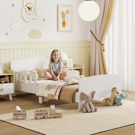 Lit enfant lit au sol enfant barrières de sécurité haut sommier à lattes et cadre robuste 143.5 x 74.2 x 54 cm blanc