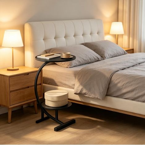 Table d’appoint ronde noire en MDF et métal 66 cm avec double plateau (1/5)
