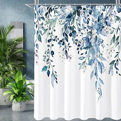 Rideau de Douche Eucalyptus Bleu, Motif Feuilles de Plantes aquarelles avec Fleurs, Ensemble de Rideau de Douche avec Crochets, 180 x 180 cm (1/4)