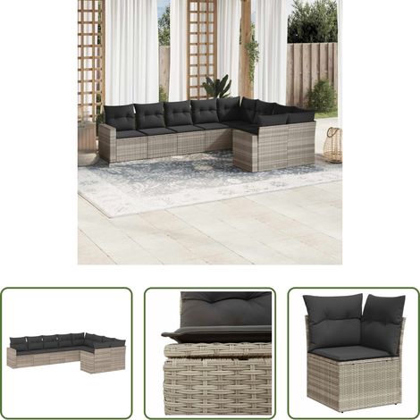 Gartensessel - 9-tlg. Garten-Sofagarnitur mit Kissen Hellgrau Poly Rattan (1/5)