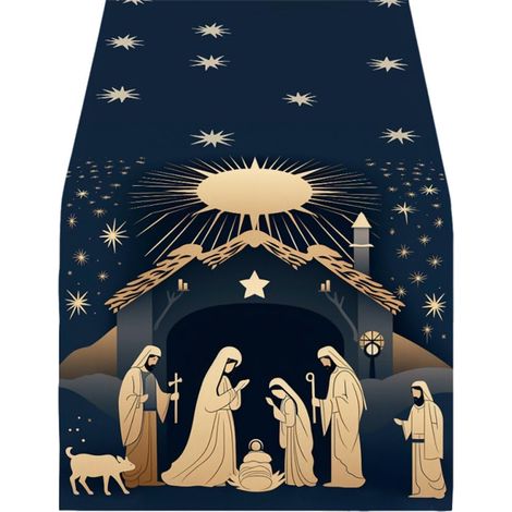 Chemin De Table De Noël - Motif Festif avec Une Crèche, Idéal pour Décoration De Cuisine, Les Fêtes Les Idées Cadeaux