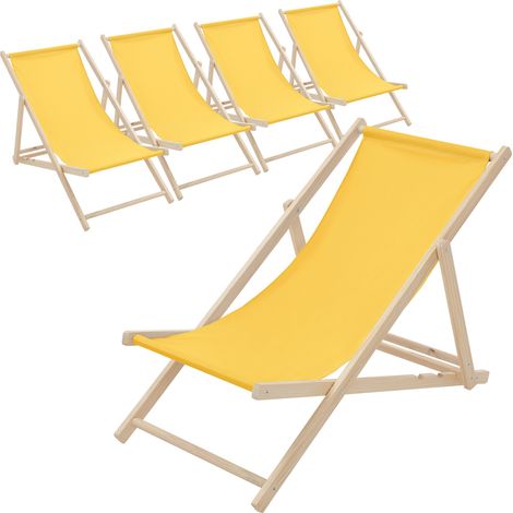 ECD Germany Set di 5 Sedie a Sdraio Gialle in Legno di Pino fino a 120 kg Schienale Regolabile 3 Posizioni Lettino Prendisole da Esterno per Spiaggia Sdraiette Sedia Pieghevole Giardino Piscina