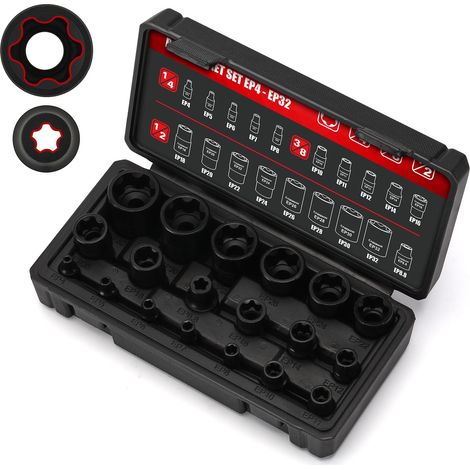 Lot de 19 douilles Torx Plus à 6 pans EP4-EP32 avec douille EP 1/2", 3/8" et 1/4", douille EP 5 points 1/2" Dr. EP8.8, acier Cr-V (1/5)