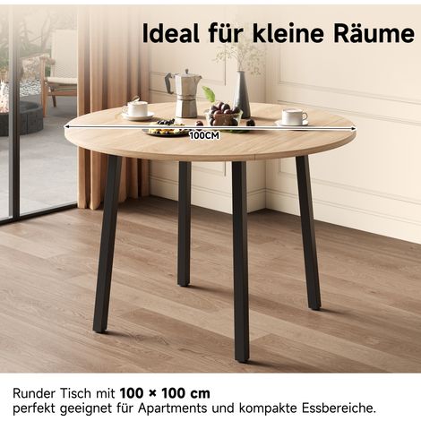 Table pliante ronde 100 cm, pieds métalliques, pour 2-4 personnes, plateau repliable, idéal petit espace, couleur chêne, meuble gain de place (1/5)