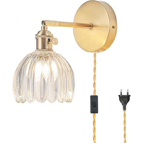 Applique Murale Intérieure à Prise, Vintage avec Abat-Jour Verre Transparent Tulipe, 180° Réglable Applique Murale avec Interrupteur et Câble, Applique Murale Dorée, Ampoules Non Incluses (1/5)