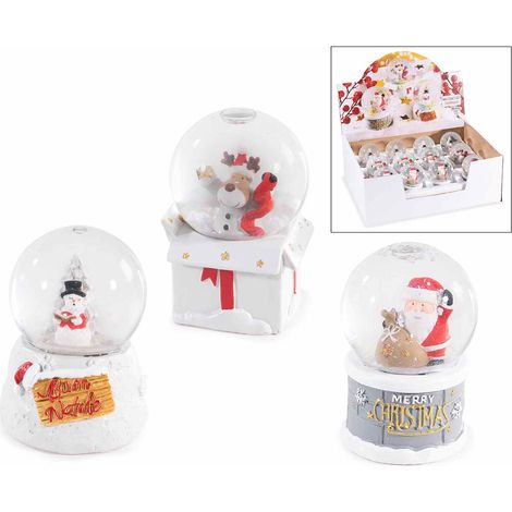 Palla a neve di Natale con Babbo, pupazzo di neve e renna con luci LED su base in resina decorata, set da 12 pezzi, Ø 5 cm x 6,5 H