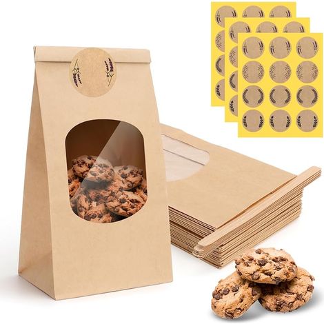 Lot de 25 sacs en papier kraft avec fenêtre avec clips de fermeture et autocollants - 9 x 6 x 17 cm - Petits sacs en papier kraft marron - Petits sacs en papier kraft pour bonbons, pâtisseries (1/5)