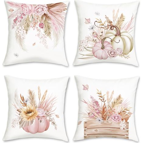 Housse de Coussin Automne Citrouilles 45 x 45 cm Feuilles Fleurs Rose Beige Décoratif Taie d'oreiller pour Canapé Salon Chambre Chaise Jardin Maison Décoration 4 Pièces (1/5)