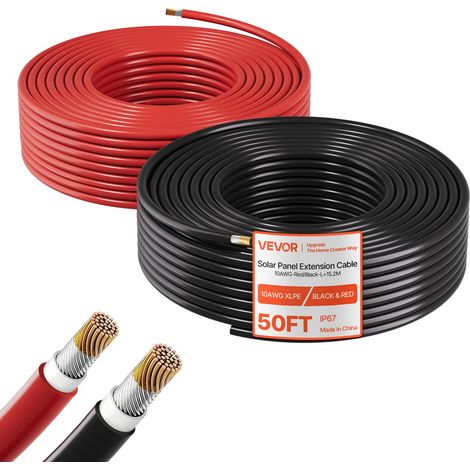 Rallonge Panneau Solaire 6 mm² Câble d'Extension de Panneau Solaire 15,2 m Noir 15,2 m Rouge pour Systèmes Photovoltaïques Extérieurs, Camping-cars, Bateaux, Fil de Cuivre Étamé, Étanche IP67 (1/5)