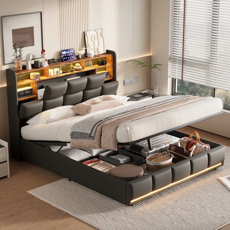 lit coffre140x200, Lit double 140x200 avec sommier, Cadre de Lit avec port USB et LED, rangement de tête de lit, Noir, PU