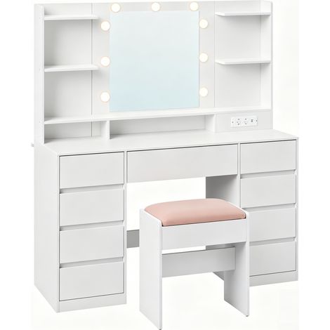 Coiffeuse avec tabouret, 9 tiroirs, multiprise, miroir LED, Éclairage 3 Couleurs, Blanc