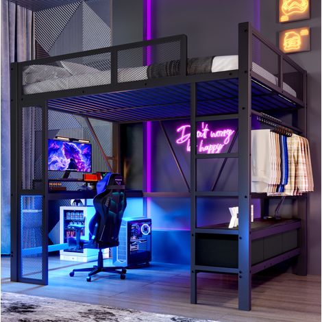 Lit mezzanine moderne 140x200 cm métal et MDF noir avec bureau, penderie ouverte, 3 tiroirs, LED et USB (1/5)