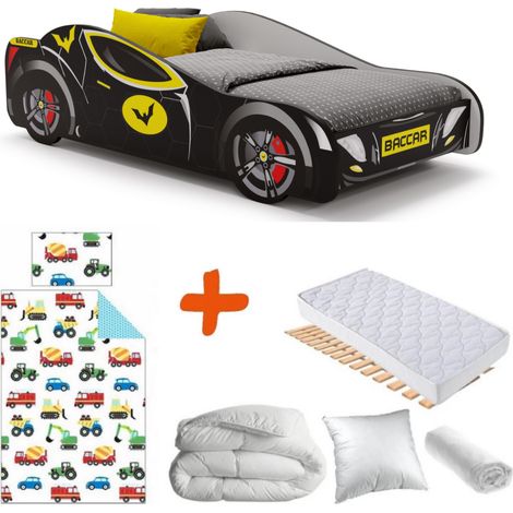 Lit voiture de course Batcar noire 140 x 70 cm – Matelas en mousse H2 7 cm – Sommier à lattes en bois – Drap housse coton 140 x 70 cm – Bebegavroche (1/5)