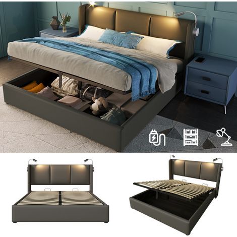 Cama tapizada, cama doble, espacio de almacenamiento, cajón para cama, lámpara de lectura con función de carga USB, cabecero, camas con almacenamiento, estructura de cama, PU, cama juvenil de 140x200 