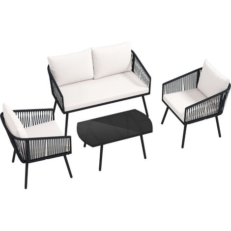 Ensemble de meubles de patio 4 pièces avec coussins confortables 65 x 117 x 73 cm design tissé en corde noire