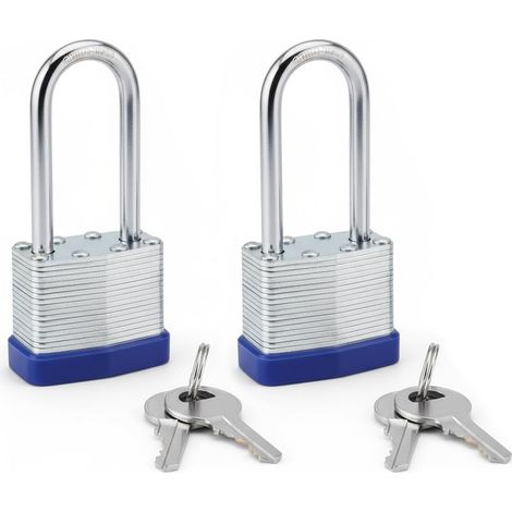 Set aus 2 Metall-Vorhängeschlössern mit einem Schlüssel, Sicherheitsschloss mit langem Bügel – Ein Schlüssel für alle Vorhängeschlösser – Für Spinde, Garagen, Zäune und Gartentore (1/5)
