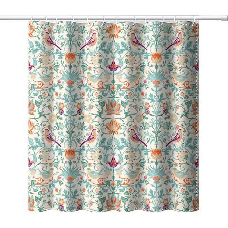 Tenda da doccia in tessuto impermeabile con motivo floreale vintage di metà secolo, motivo floreale, uccelli, pianta verde, arte astratta, per decorazione del bagno (1/5)
