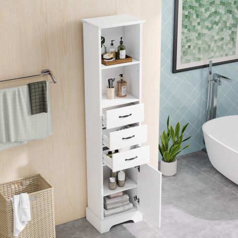 Armario de baño 38x26x172.5 cm blanco de MDF con 3 cajones, estantes ajustables y compartimento abierto (1/5)
