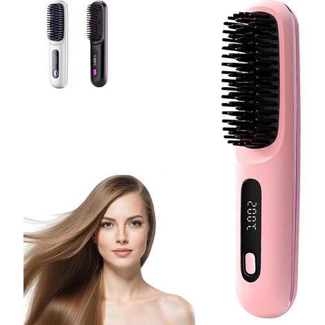 Go Brush Pro,Brosse À Cheveux Lisse Sans Fil,Brosse Chauffante Rechargeable Portable pour Affichage LED,Chauffage Rapide,brosse chauffante pour Coiffage Cheveux Voyage et Dail(rose) (1/3)