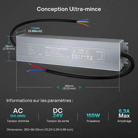 Transformateur 220V 24V 150W 6,25A Imperméable Alimentation LED Transfo (1/3)