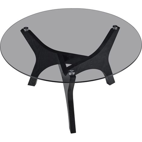 Table basse ronde avec plateau en verre, table de salon moderne avec cadre en bois noir, table basse robuste de 80 cm, résistante à la chaleur et aux rayures, pour salon, bureau et lounge (1/5)