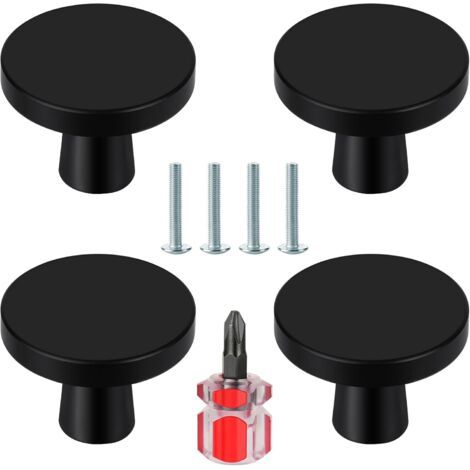 Lot de 4 poignées de meuble noires, boutons ronds pour armoires et tiroirs, poignées de porte de cuisine pour commode, placard et autres meubles, avec tournevis inclus (1/5)