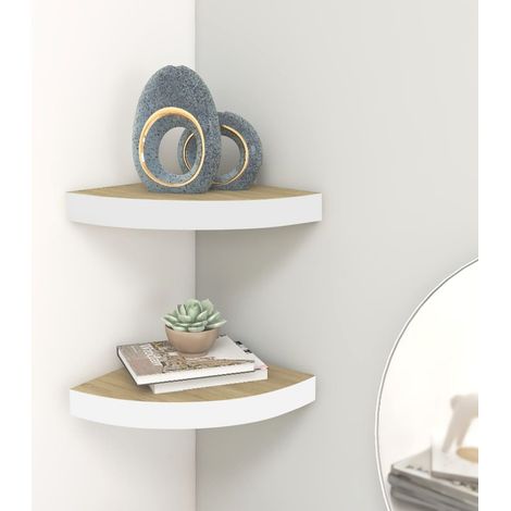 Lot de 2 Étagères d'angle murales,pour Bureau Chambre, Meuble de Rangement Moderne Chêne et blanc 35x35x3,8 cm MDF -BV35642 (1/5)