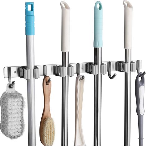 Porta scopa da parete in acciaio inox, porta scopa da parete con 4 fessure e 5 ganci per cucina, bagno, garage e giardino, grigio (1/5)