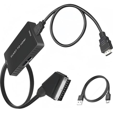 Convertidor SCART a HDMI con cable HDMI, adaptador convertidor de audio y video HD 720P/1080P para monitor HDTV, proyector, Xbox, decodificador VHS, Sky, reproductor de DVD y Blu-ray con cable USB. (1/5)