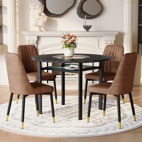 Ensemble table à manger ronde en verre incrusté Ø100 cm, avec 4 chaises tissu marron, MDF effet bois et métal noir - Noir (1/5)