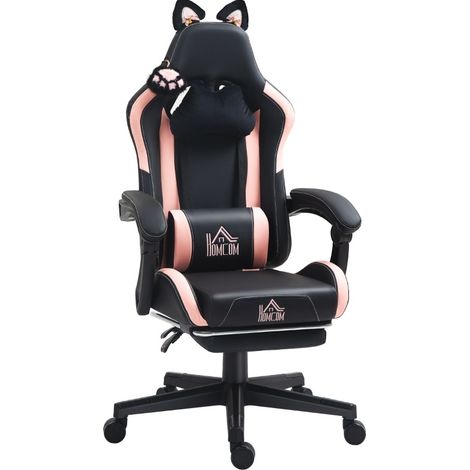 Silla gaming con orejas de gato negra y rosa, respaldo reclinable y reposapiés (1/5)