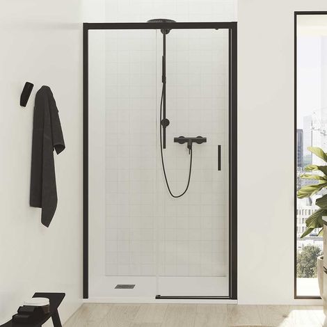Mampara de Ducha frontal Negra corredera F1 1 fijo + 1 puerta – Sin Perfil Bajo  Decoracion Mampara: Cristal Transparente - Mamparas: 100 - (98,5-103)