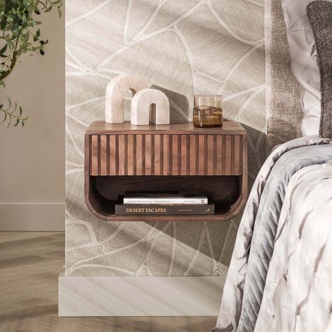 Chevet mural 1 tiroir 45x35x25 cm en acacia brun foncé - KIRVE (1/5)
