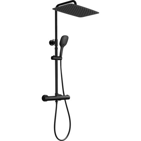 Colonne de Douche Acier inoxydable avec Douchette Salle de Bain Réglable en Hauteur, Ensemble Douche Pluie Murale avec Mitigeur Thermostatique, Pommeau Douche 35x25 cm Noir (1/5)