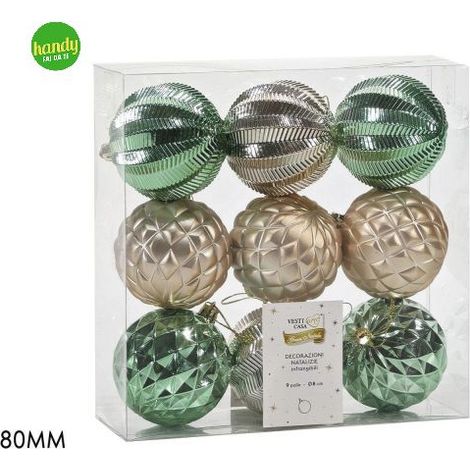 Set 9 Sfere General Trade Ø 80mm Verde e Champagne Modelli Assortiti