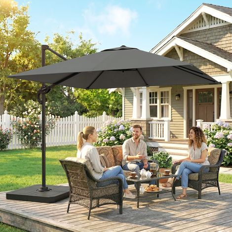 Parasol déporté carré parasol de jardin extérieur pied et dalles de lestage mât aluminium protection UV50+2.4x2.4m gris